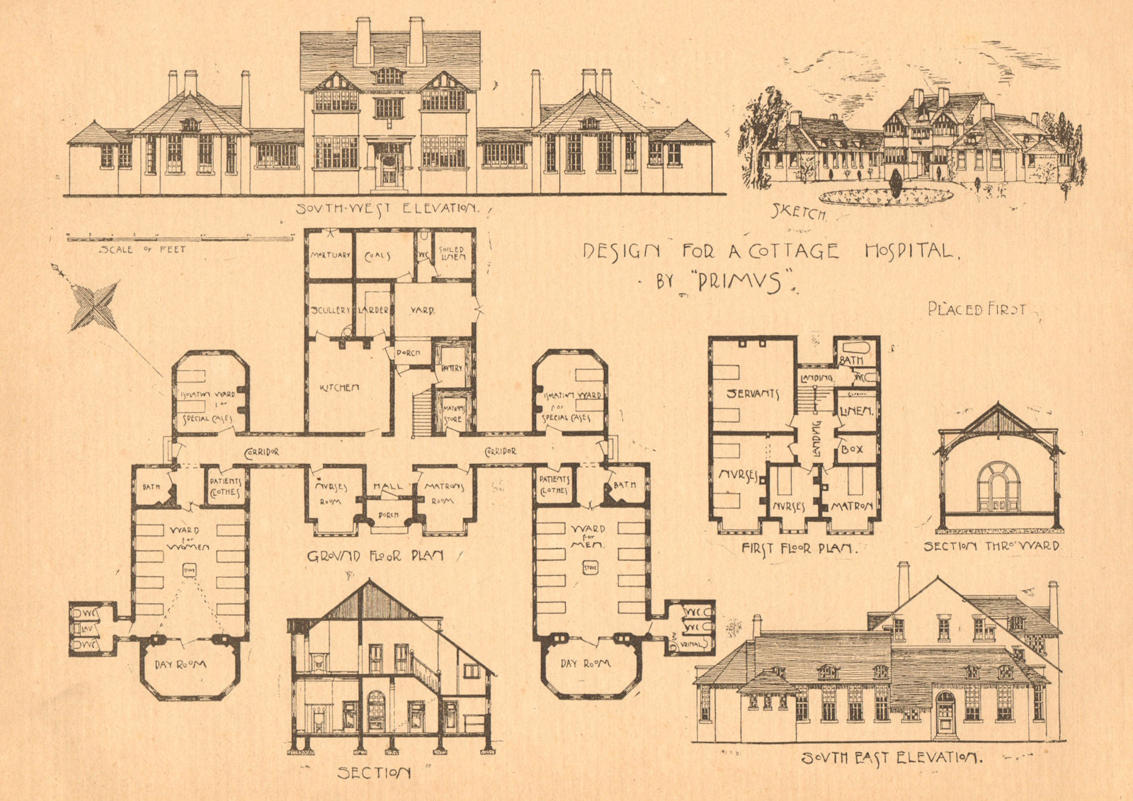 Design for a cottage hospital by Primus. Elevations & plan 1901 old print